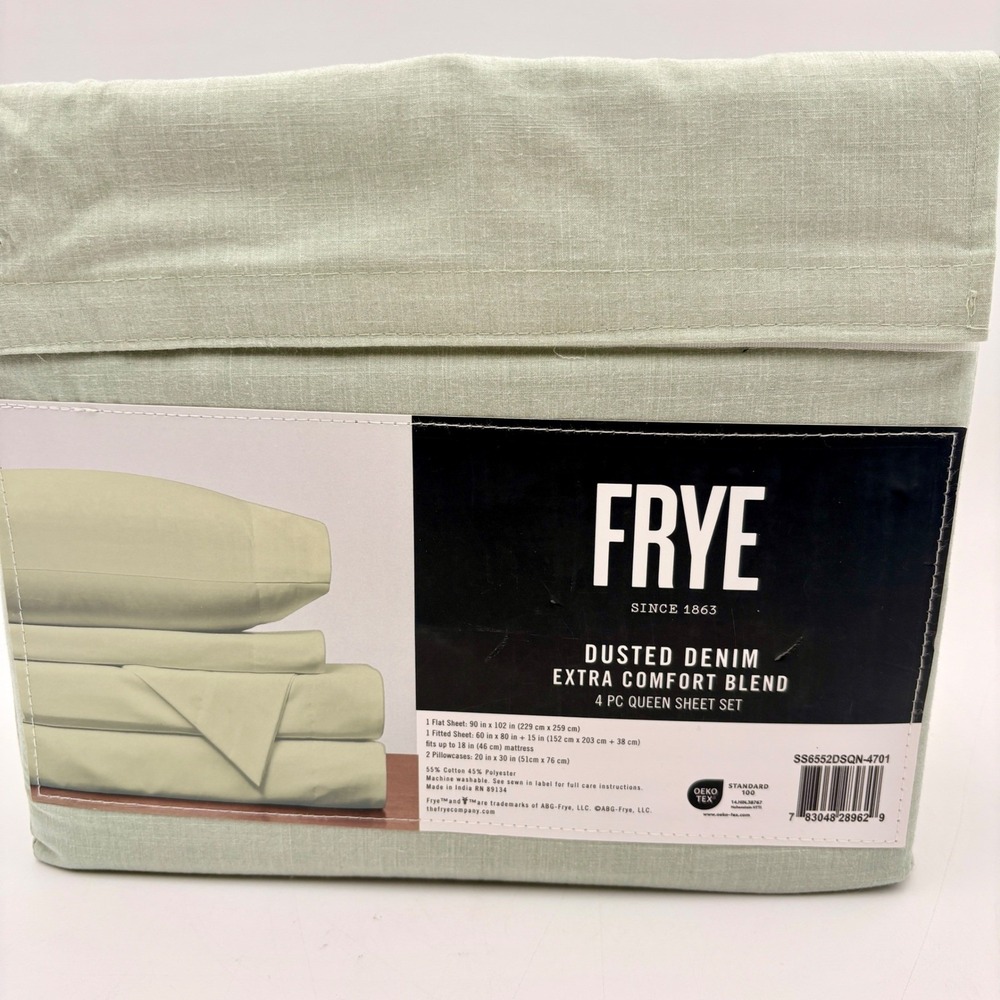 FRYE Dusted Denim Extra Comfort Blend 4 PC Queen Sheet Set Light Green Sage